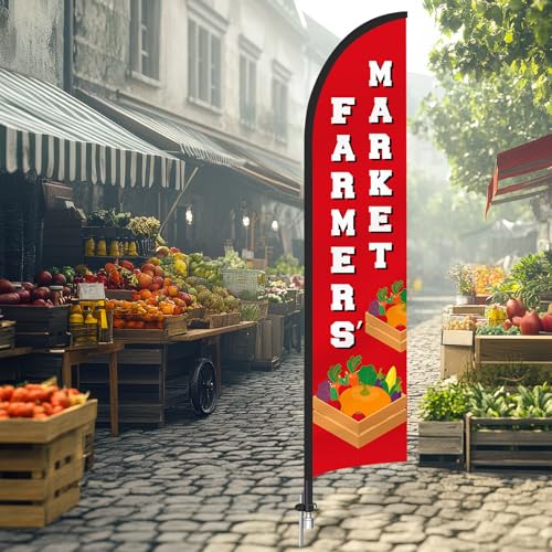 15 ft Farmers Market Advertising Feather Flag with Pole and Ground Stake, Fresh Produce Farmers Market Swooper Flag Banner Decor for Fruits Vegetables Fresh Produce Food Business Stands
