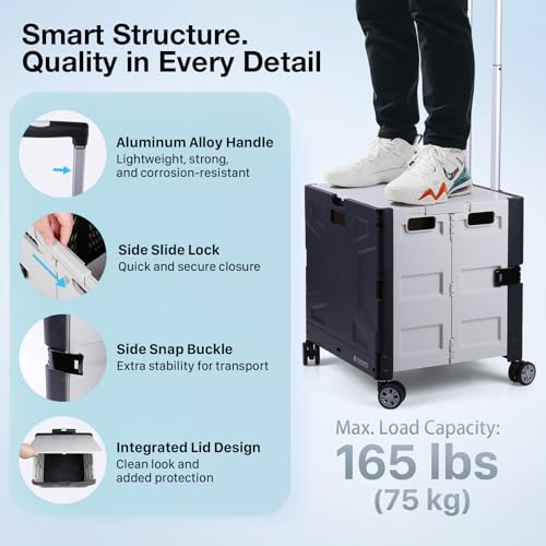 Folding Utility Cart with Lid, 60L Collapsible Rolling Crate, 165LBS Heavy Duty Foldable Shopping Cart, Portable Rolling Utility Crate with Wheels for Groceries, Tools, Office, Teachers, Storage,Black