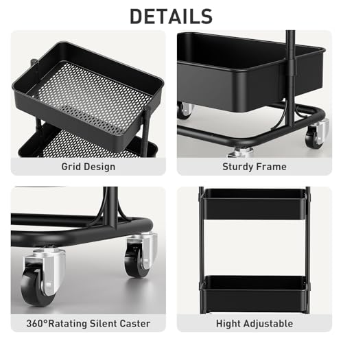 3 Tier Modern Metal Rolling Tool Cart with Silent Casters, 15.35x11.81x23.74 inch Heavy Duty Organization Truck Trolley Organizer for Office, Living Room, Kitchen, (Black)