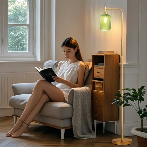 Dimmerable Glass Floor Lamp for Living Room,Modern Standing Lamp with Green Ribbed Glass Lampshade,Gold Plated Tall Lamp for Bedroom Reading Room Office,Dimmer LED Bulb Included.