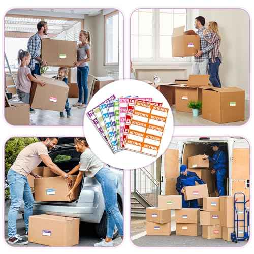 170 Home Moving Labels, 3.4 x 2 inches, 8-Color Coded Packing Box Stickers with Fragile and Blank Customizable Labels