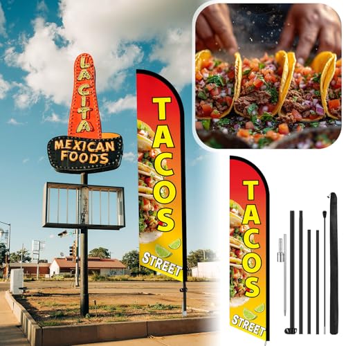 Tacos Street Advertising Swooper Flag Banner 15ft Feather Flag with Pole and Ground Stake Advertising Feather Banner Sign for Restaurant Business Outside Ground