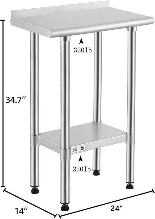 ROCKPOINT Stainless Steel Table for Prep & Work with Backsplash 14x24 Inches, NSF Metal Commercial Kitchen Heavy Duty Table with Adjustable Under Shelf and Table Foot for Restaurant, Home and Hotel
