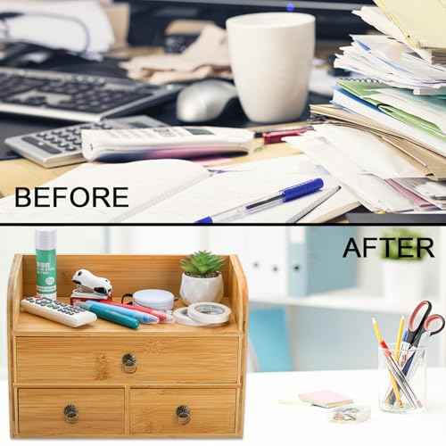 Nicunom Bamboo Desk Organizer, 3-Tier Bamboo Tabletop Storage Organization Multifunctional Desktop Organizer with Drawers for Home Office Toiletries Supplies Vanity
