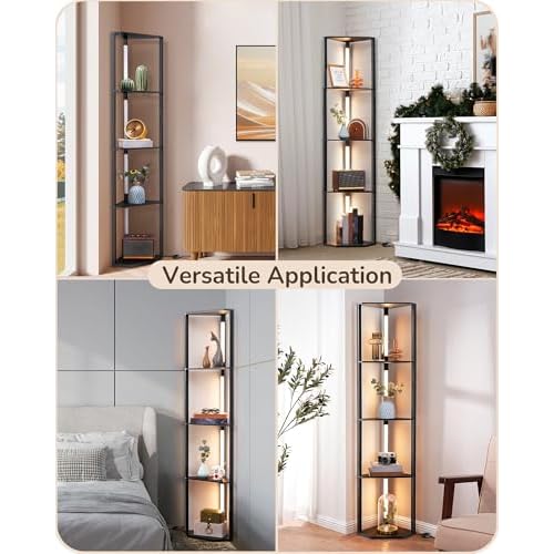 EDISHINE 64" Corner Display Shelf with Light, Modern Corner Floor Lamp with Shelves, 3CCT, Stepless Dimmable Standing Lamp for Living Room, Bedroom, Office, Dining Room, 3000K 4000K 5000K, Black