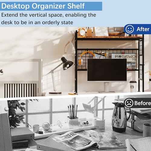 GIOTORENT 2-Tier Metal Desk Hutch with Grid Panel, 32.9" Wide Desk Shelf for Top of Desk, Industrial Style Countertop Storage Rack & Desktop Bookshelf for Office & Dorm, Rustic Brown