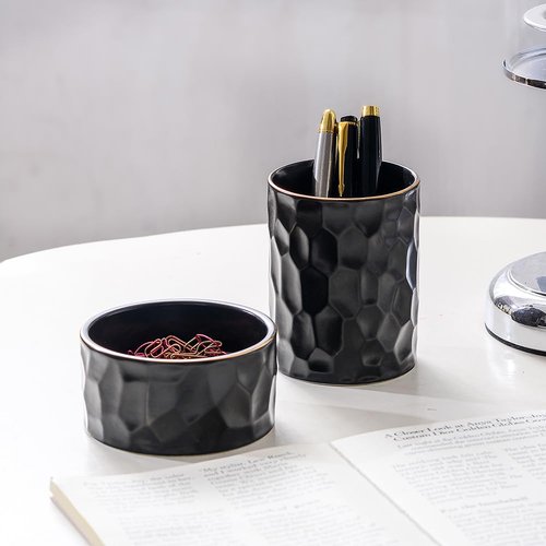 Aesthetic Desk Organizer Set of 2 For Office, Ceramic Pen Holder and Paper Clip Holder Dispenser, Cute Pencil Cup Pot for Desk, Desktop Accessories For Women Men, Office Decor Ideal Gifts (Black Set)