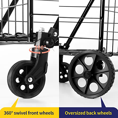 Folding Shopping Cart with Waterproof Liner, Grocery Cart Large Bag with Top Cover, 200 Lb Capacity, Utility Cart with 360¡Æ Rolling Swivel Wheels, Medium & Extra Basket