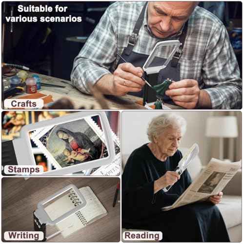 10X Magnifying Glass with Light and Stand, Real Glass Lens, Rechargeable Foldable Handheld Magnifier, 3 Color Modes Dimmable Lighted Page Magnifier for Reading Fine Prints, Low Vision Seniors