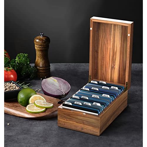 Neando 3x5 Index Card Organizer Box with Lid ? Acacia Wood Note Card Holder with 200 Cards & 20 Dividers, Holds 600 Cards, 4 Compartments, Magnetic Closure ? Desktop Storage for Study, Office, Recipes