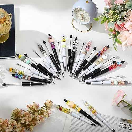 Kosiz 150 Pieces Plastic Beadable Pen Bulk Black Ink Assorted Bead Ballpoint Pen Beaded Gift for Presents Office School Supplies DIY Making(Black and White)