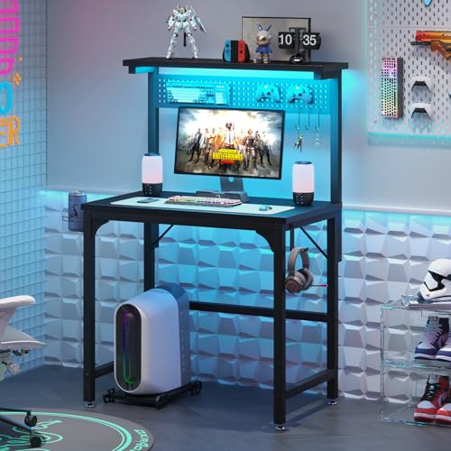 Gaming Desk with Power Outlets & LED Strip Lights,80CM Industrial Writing Desk with Height Adjustable Monitor Riser, PC Laptop Table with Portable CPU Stand for Home Office Black