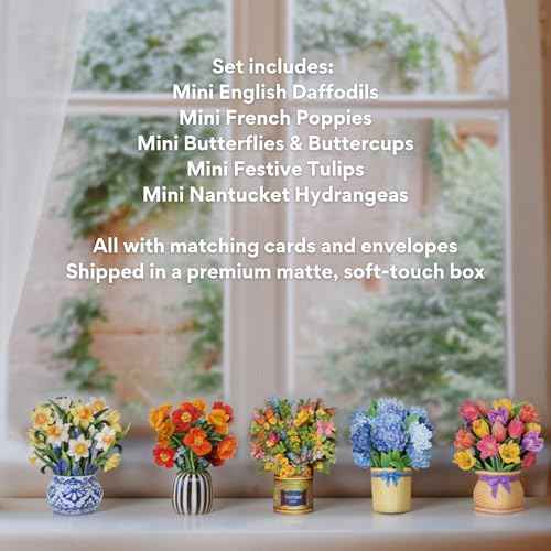 Freshcut Paper Pop Up Cards, Garden Favorites, 6 inch Mini Sized Paper Flower Bouquet 3D Popup Greeting Cards, Birthday Card, Thank You Card, Blank Notecards & Envelopes, Pack of 5