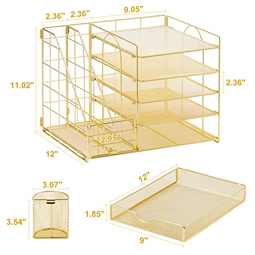 Marbrasse Rose Gold Desk Organizer with File Holder, 5-Tier Paper Letter Tray Organizer with Drawer and 2 Pen Holder, Mesh Desktop Organizer and Storage with Magazine Holder for Office Supplies