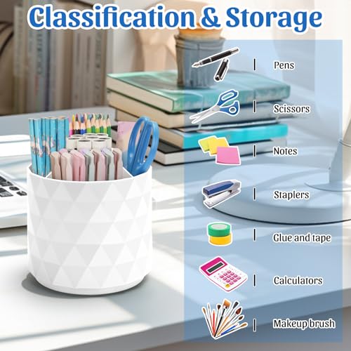 Minimaliving White Desk Organizer with Sparkling Diamond Design, 360° Rotating Pen Holder, 5 Compartments Office Storage Caddy