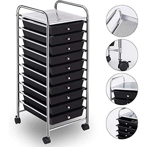 10 Drawer Storage Cart, Tools Scrapbook Paper Arrangement Mobile Drawer Cart Organizer, Space Saving Cart with 4 Wheels and Inter Locker System, Suitable for Cosmetics, File (BK)