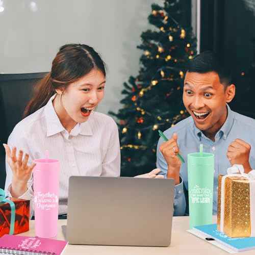 Honeydak 8 Set Employee Appreciation Gifts Bulk Thank You Tumblers with Lids and Straws 16 oz Plastic Coffee Cups with Notebooks and Pens for Coworker Christmas Office Gifts(Bright,Proud)