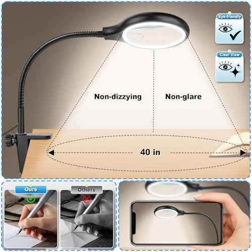 10X 20X Desk Magnifying Glass with Light and Stand, Large Magnifying Lamp with 3 Color Modes Lighted Magnifying Light for Crafts Hands Free, Upgrated Head Button Reading Magnifier for Books Sewing
