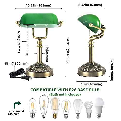 Green Glass Bankers Desk Lamp, Vintage Desks Lamp with USB Charging Port, Traditional Banker's Lamp, Mid Century Desk Lamp Pull Chain for Home Office Library