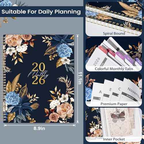 2026 Monthly Planner - 9'' x 11'', Monthly Planner/Calendar 2026, from Jan.-Dec. 2026, 12 Month Calendar with Tabs, Premium Paper, Twin-wire Binding, Inner Pocket, Note Pages