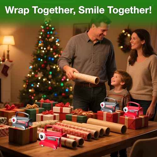 (2-Pack) Wheel Wrapping Paper Cutter & Tape Dispenser with 4 Tapes£¬2 Replace Blades Kit for Christmas Gift Wrap Cutter Tool Paper Roll Holder Tube Sliding Slicing for Birthday Holiday.