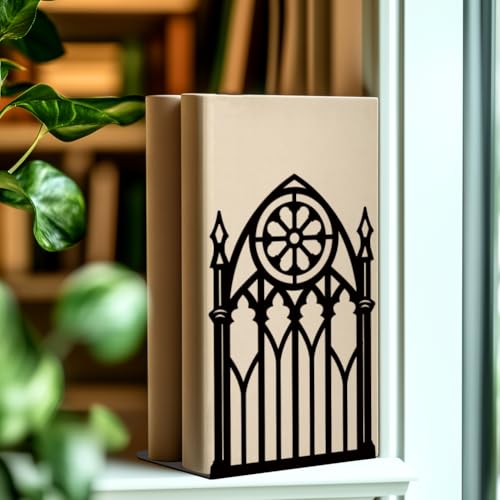 BEUNITONE Gothic Gate Book Ends Decorative Metal Shelving Organizer for Heavy Books