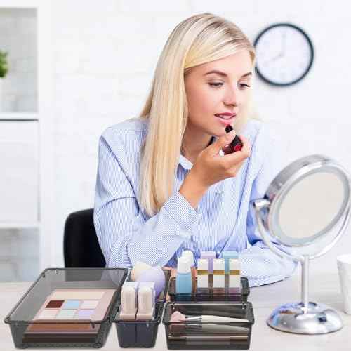 15 PCS Clear Plastic Drawer Organizer Set, 4-Size Acrylic Drawer Storage Trays, Storage Bins for Makeup, Gadgets, and Jewelry in Bathroom, Bedroom and Office, Clear Black