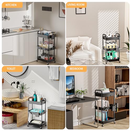 Black 3-Tier Rolling Utility Cart with Drawer - Multi-Purpose Storage Organizer