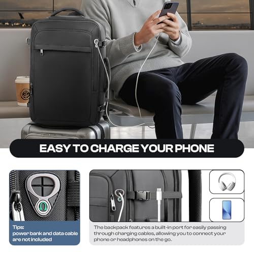 Carry on Backpack, 50L Expanable Travel backpack,TSA Airplane Approved, Daypack Weekender Bag Fits 17 Inch Laptop, Travel Gifts for Men, Black