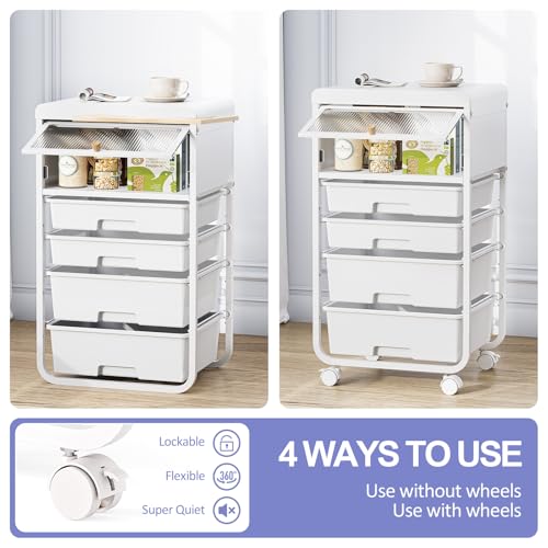 Utility-Rolling-Storage-Drawer-Craft-Cart-Organizers with 4 Drawers & Dust-proof Door for Kid Craft Art Room,Bedroom,Home Office, Craft Drawer cart, Classic White