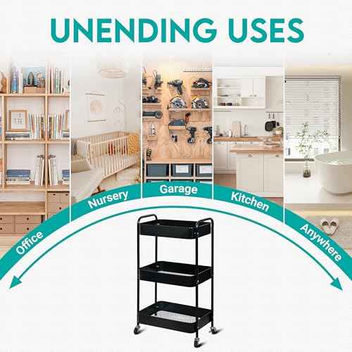 3 Tier Rolling Cart, Metal Utility Cart with 4 Hooks, Rolling Storage Cart on Wheels, Small Organizer Cart for Nursery, Kitchen, Living Room, Bathroom, Black