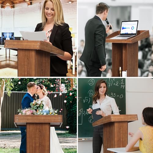 BEQUZON Chestnut Brown Wood Podium with Slanted Top – Standing Lectern for Church, Classroom, Weddings