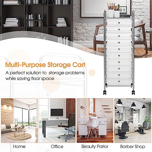 MEDIMALL 10-Drawer Rolling Storage Cart - Clear (Wheeled Craft & Office Organizer)