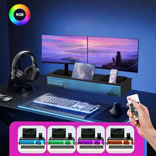 TV Riser Stand with LED Lights, 42.5in Super Large Monitor Stand with Phone Tablet Holder, Tabletop TV Stand Riser for Desk, Desktop Organizer for Computer, TV, Laptop, Printer