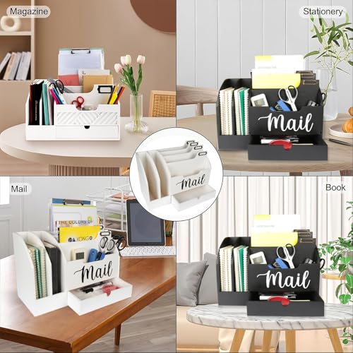 Wood Desktop Mail Organizer, Fantasyon Mail Organizer Countertop with 6 Compartments and Drawer, Wood Desk Drawer Organizer for File Letter Paper Folder, White