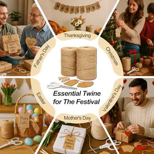 5 Pack Natural Twine String Suit : 2mm 1200 Feet Jute Twine Twisted from 3 Ply - String for Crafts Gardening Gift Wrapping Home Decor Knitting - Suitable for Handicraft and Gardening Enthusiasts