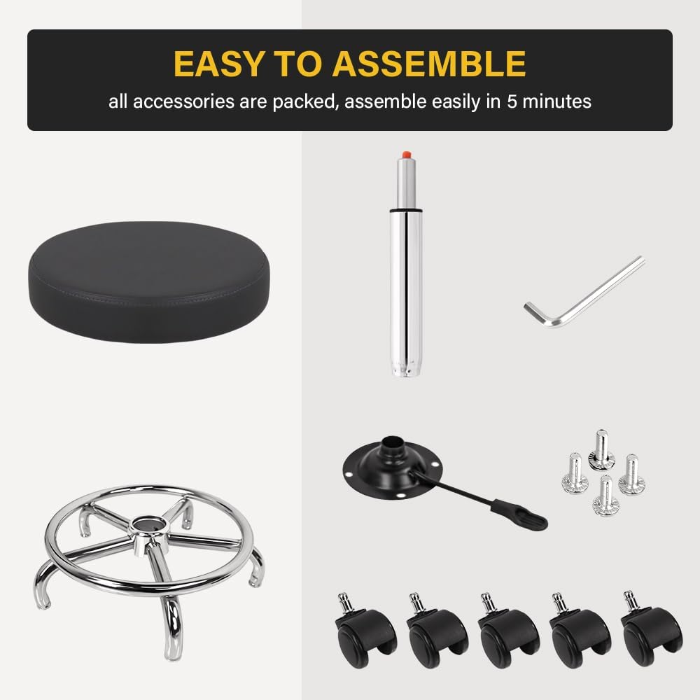 WKWKER Round Rolling Stool - Height Adjustable PU Leather 360° Swivel Chair | Grey with Footrest