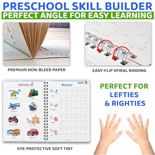 Kids Reusable Handwriting Practice Copybooks with Disappearing Ink Pen - Educational Drawing & Math Workbook Set for Ages 3-8