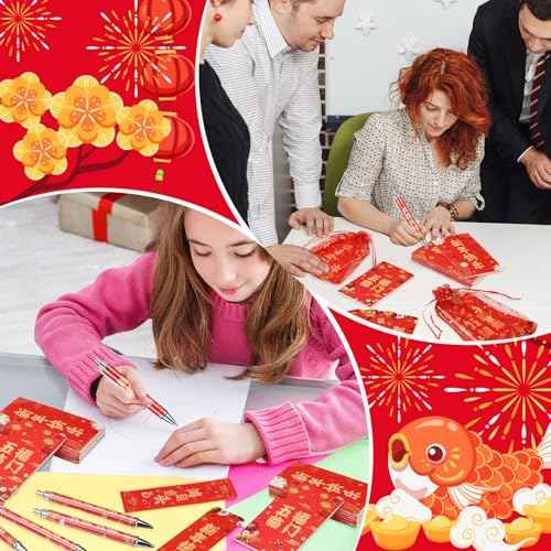 200 Pcs Chinese Lunar New Year Gift Set Includes Notebooks Bookmarks Ballpoint Pens Red Organza Bags Suitable for 2025 New Year Gifts School Office