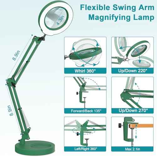 10X Magnifying Glass with Light and Stand, Green 2-in-1 Desk Lamp & Clamp Light, 5 Color Modes, Brightness Stepless Dimming LED Lighted Magnifier Hand-Free, Magnifier Lamp for Crafts - Green