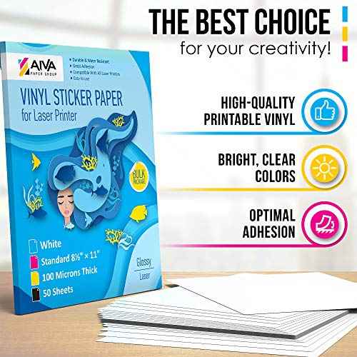 Printable Vinyl Sticker Paper for Laser Printer - Glossy White - 50 Self-Adhesive Sheets - Waterproof Decal Paper - Standard Letter Size 8.5"x11"