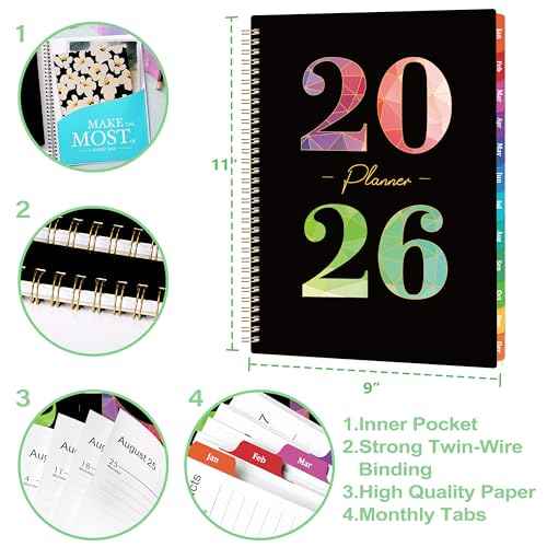 2026 Planner - 2026 Planner Weekly and Monthly from January 2026 to December 2026, 9" x 11", Academic Planners 2026 with Inner Pocket, Colorful Coated Tabs