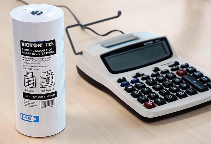 Victor Calculator Paper Rolls - 2.25" x 50 ft White Printing Paper for Adding Machines | 3 Pack