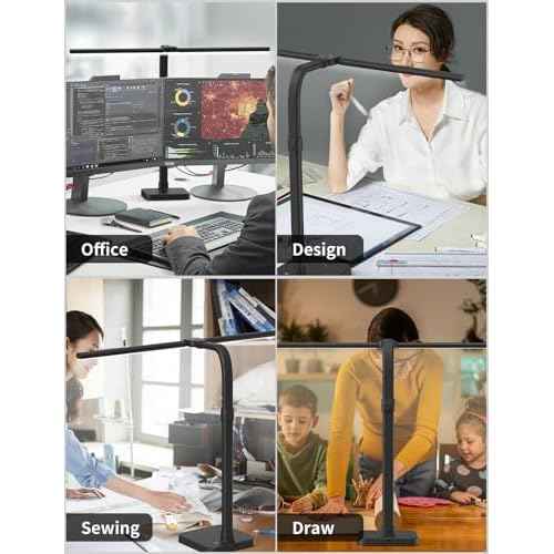 LED Desk Lamp for Home Office, Double Head 24W with Base, Architect Light 5 Lighting Brightness Flexible Gooseneck Table Reading Study, Black