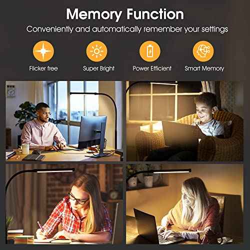 LED Desk Lamp with Clamp, Eye-Caring Clip on Lights for Home Office, 3 Modes 10 Brightness, Long Flexible Gooseneck, Metal, Swing Arm Architect Task Table Lamps with USB Adapter, Black