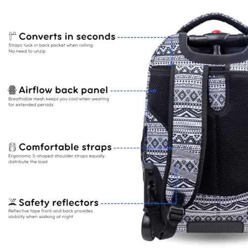 J World New York Sundance Rolling Backpack Girl Boy Roller Bookbag, Tribal, One Size