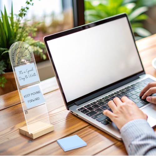 Believed Sticky Note Holder for Monitor - Acrylic Desk Organizer with Wooden Base & 100 Notes