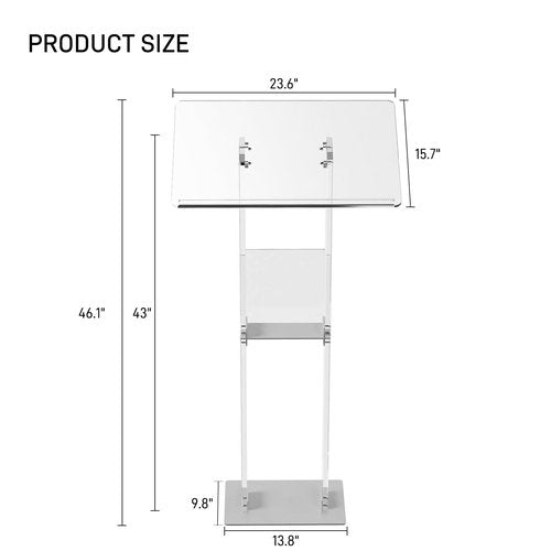 HMYHUM Acrylic Podium Stand, Clear Lecterns & Pulpits for Classroom, Weddings, Churches, Speech, with Storage Shelf, Metal Base, 23.6" L x 15.7" W x 46.1" H, Modern