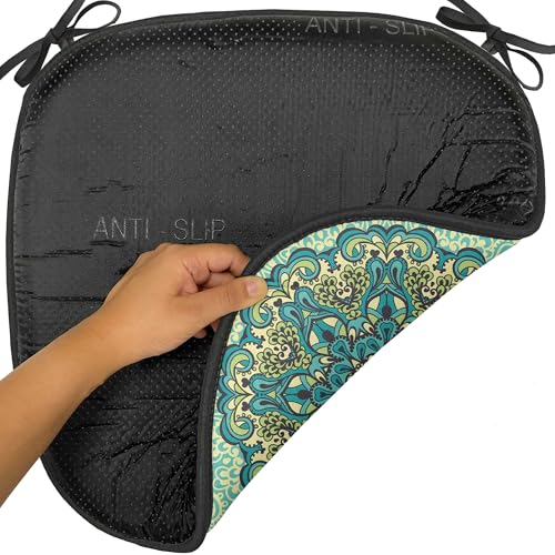 Ambesonne Ethnic Chair Seating Cushion Set of 8, Abstract Flower Arrangement Mandala Style Nature Elements Vibrant, Anti-Slip Seat Padding for Kitchen & Patio, 16"x16", Pale Yellow Turquoise