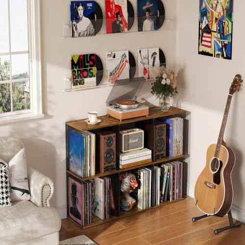 2 Tiers Vinyl Storage Turntable-Compatible Desktop, DIY Stackable Record Crate 100-140 Wooden Cube Storage Organizer Album Record Crates for Vinyl Holder, Non-Detachable